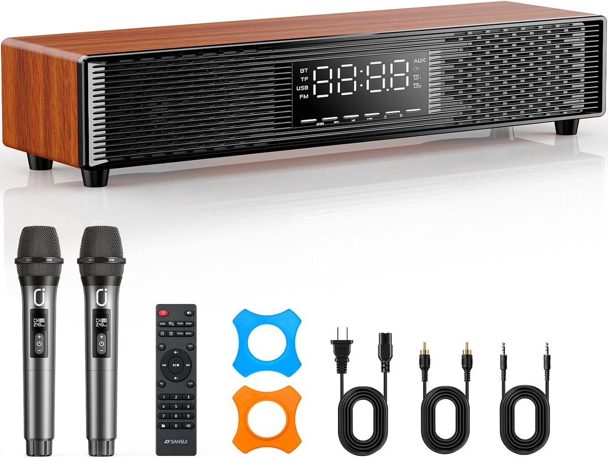 SnelShoppen - JYX Soundbar met Draadloze Microfoons, Thuisbioscoop Geluidssysteem met Bluetooth, LED-Display, Wekker, Afstandsbediening, Houtlook voor