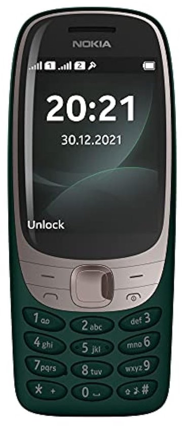 Nokia 6310 4G in het groen, met 2.8 inch scherm en fysiek toetsenbord.