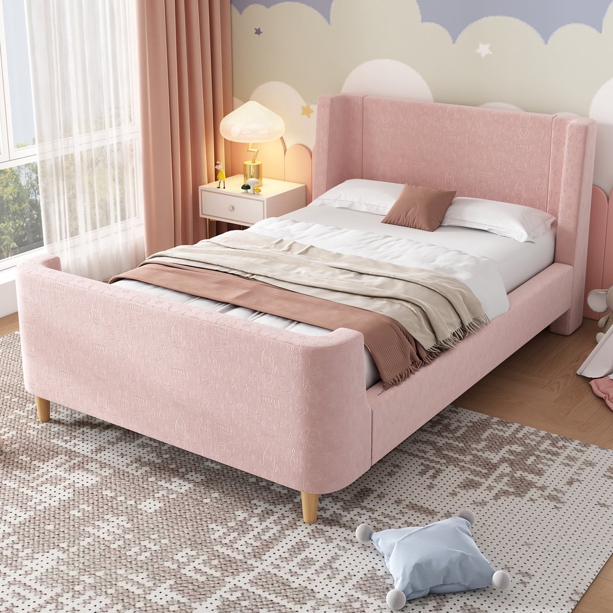 DESMIU Kinderbed 90x200 cm – Speels Sleebed Met Ruimtevaartprint – Zachte Fluwelen Stoffering – Voor Kinderkamer – Roze – Zonder Matras