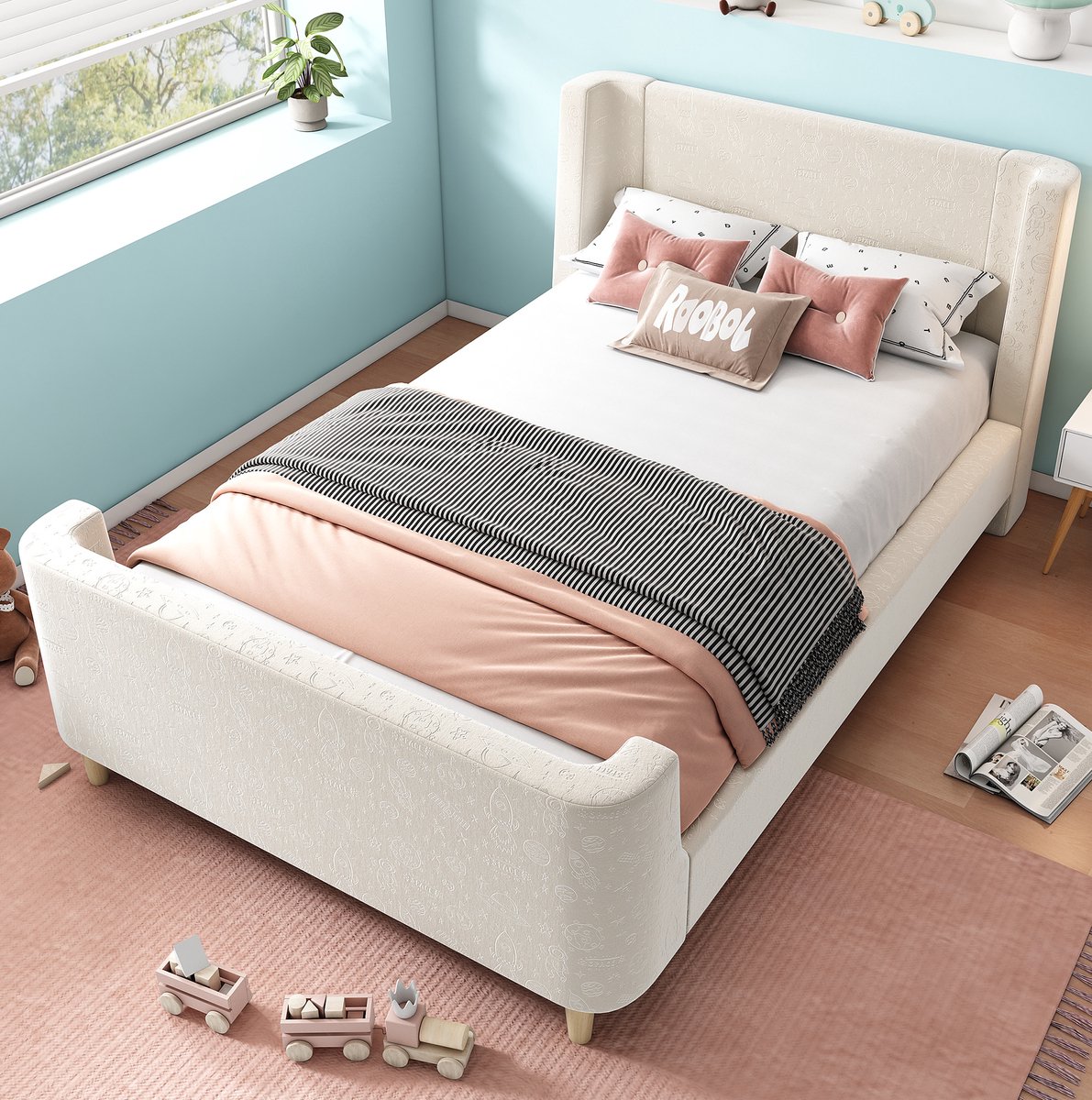 Kinderbed 90 x 200 cm Met Matras Zonder Matras Bedframe Met Lattenbodem Voor Kinderkamer En Jeugdruimte Stof Metalen Hout Beige