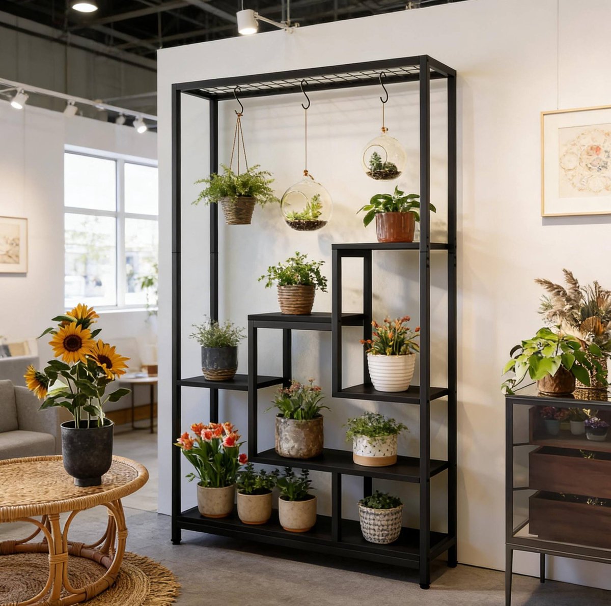 REDOM - Ladderkast plantenrek met 7 open planken - open trapvormig ontwerp - met 6 S-haken - industrieel - woonkamer balkon tuin - metaal en spaanplaat - Zwart - 100 x 30 x 180 cm