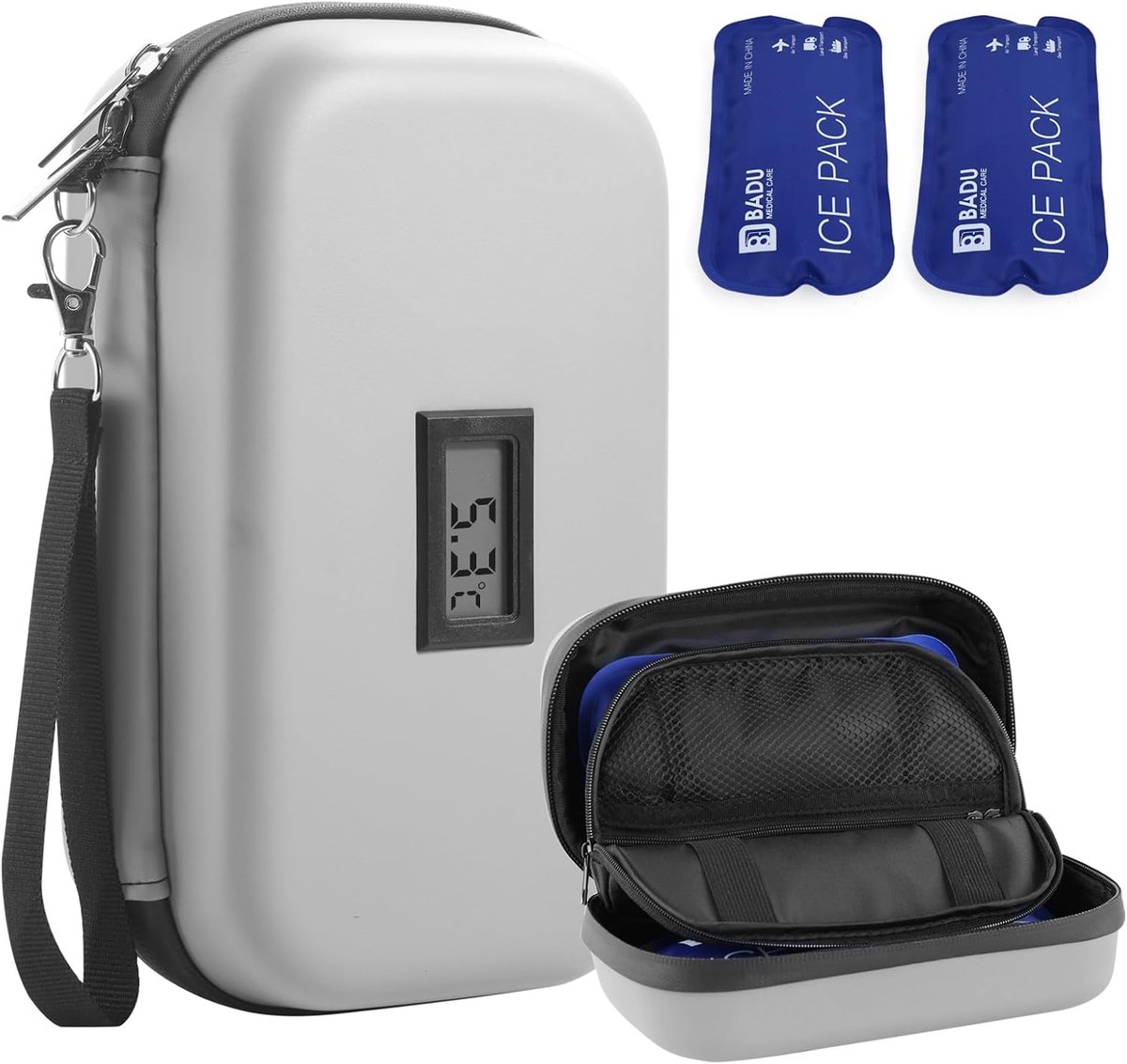Insuline koelcase met thermometer - TSA goedgekeurd - grijs - veilig reizen met medicijnen - ShopVlot
