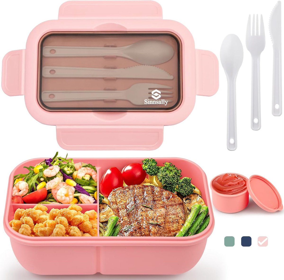 SnelShoppen - Lunchbox met vakken, 1250 ml, Bento Box voor Volwassenen, Lekvrije Eetbox met Bestek, Brooddoos, Snackbox, Ontbijtbox, Roze