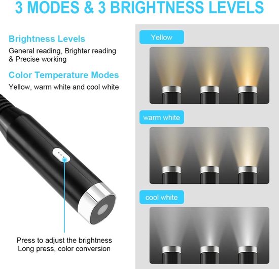 Leeslamp Nek - Halslamp Flexibel - Handsfree Lezen - 3 Kleuren 3 Helderheid - Oplaadbaar - Zwart — afbeelding 4