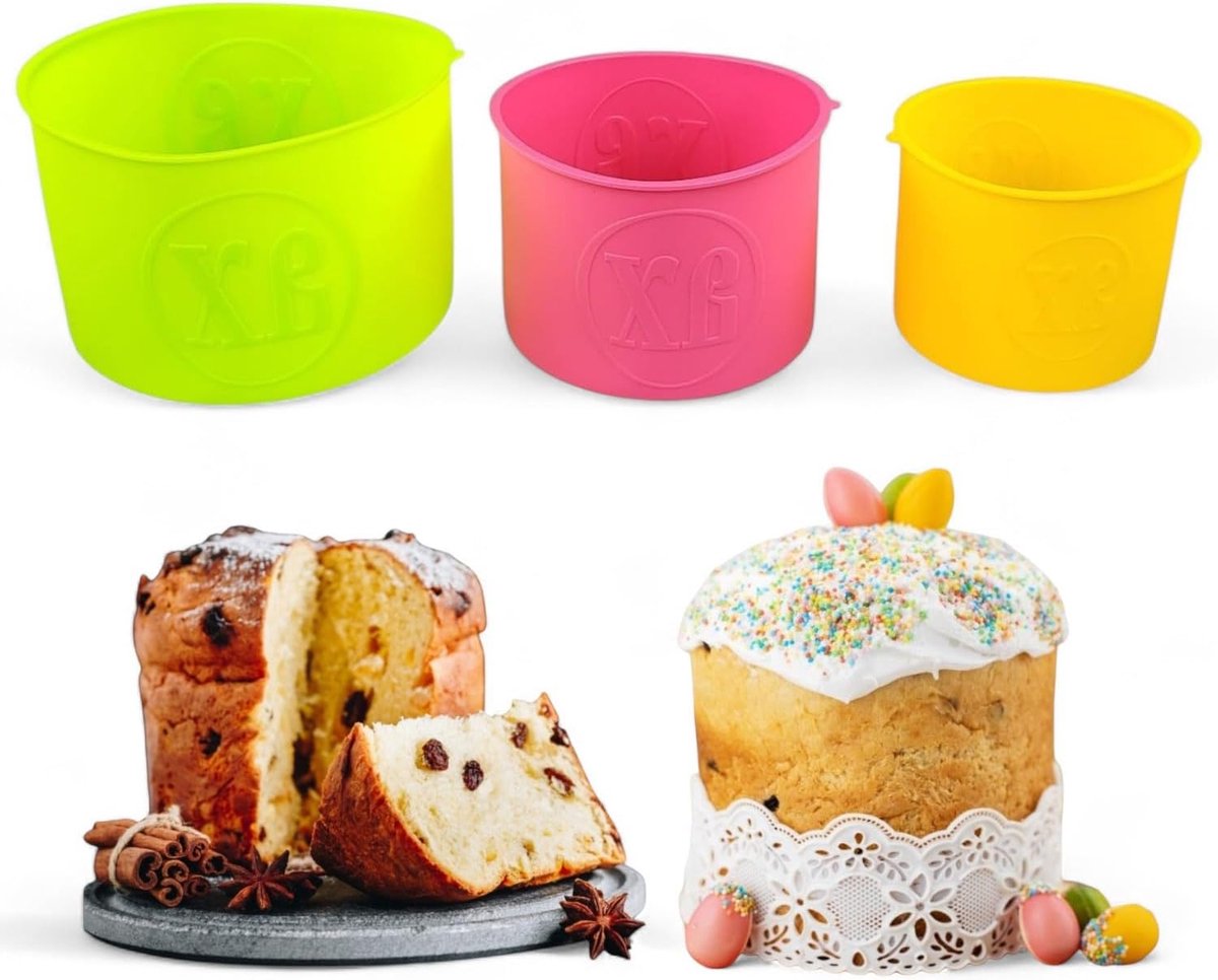 SnelShoppen - Set van 3 kleurrijke siliconen bakvormen voor Panettone, Panetinne, Kerstgebak, Cake, Brood, Paska Kulich en Paasbrood - Ideaal voor Fee