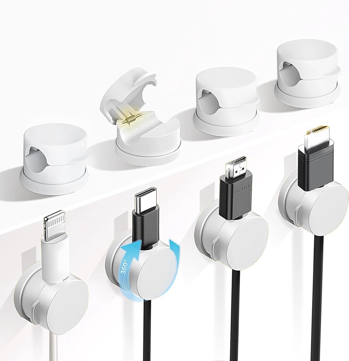 SnelShoppen - Abnii Kabelhouder Zelfklevend 360° Draaibaar - 8 Stuks Kabelclips Wit - Kabelbeheer, Bureau Organizer, Oplaadkabels, HDMI, USB, Nachtkas