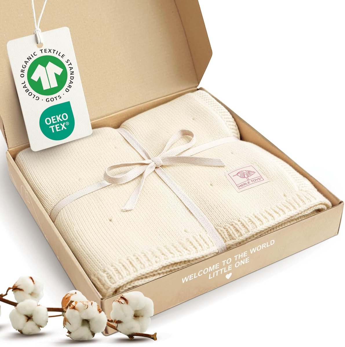 SnelShoppen - Merle Toys Babydeken 100% Biologisch Katoen, Gebreide Knuffeldeken voor Pasgeborenen, GOTS & Oeko-Tex Gecertificeerd, Parelwit, Ideaal v