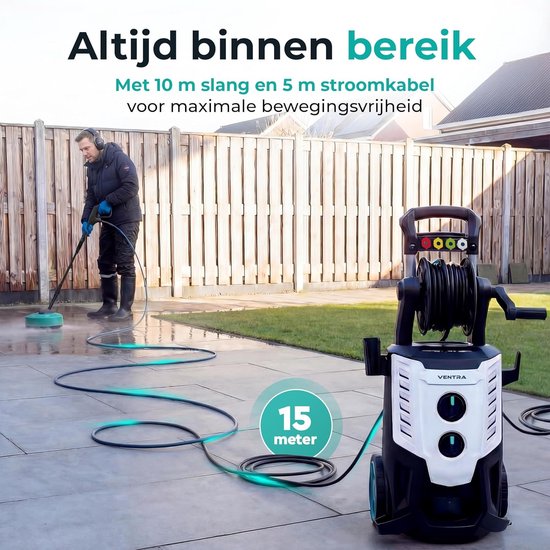 Hogedrukreiniger 170 Bar - 2200W - 450 l/u - Met Terrasreiniger - 10m Slang - 5 Sproeikoppen - Complete Set — afbeelding 2