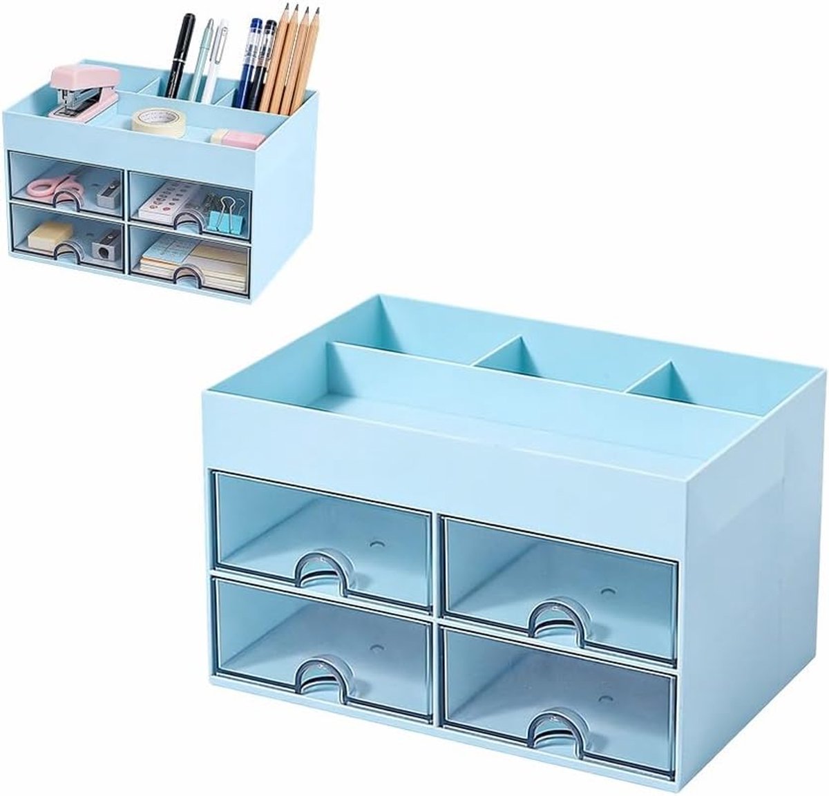 SnelShoppen - LOMUG Pennenhouder Bureau-Organizer met 4 Laden en 8 Vakken, Multifunctionele Pennenkoker van Plastic voor Kantoor, Thuis en School, Bla