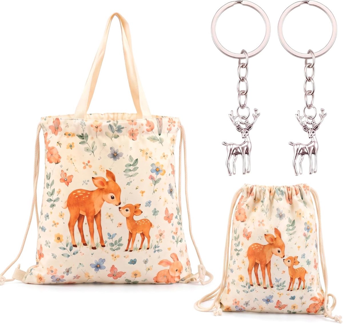 Weewooday Trekkoordtas Hert Set van 2 met Sleutelhanger, Canvas Gymtas Bedrukt Dames 30x25 cm en 38x42 cm, Sporttasche - ShopVlot