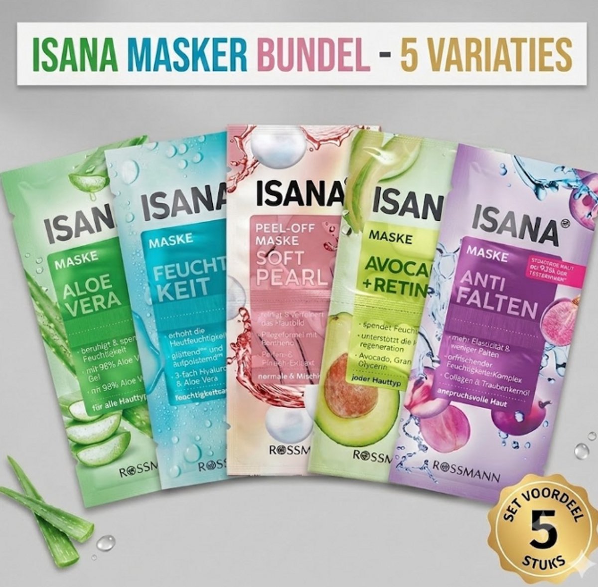 ISANA Gezichtsmasker Bundel - Set van 5 - Reinigend, Hydraterend & Anti-Aging - Wellness Pakket met Retinol, Hyaluron & Klei - Voor alle Huidtypes - Ultieme Skin Therapy Set - Peel-Off, Avocado & Soft Pearl - Complete Gezichtsverzorging Cadeauset