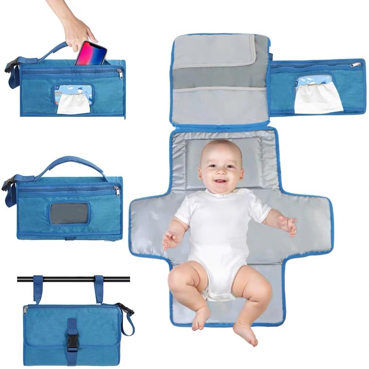 KZQ Draagbare waterdichte luierwisselmat met doekjesdispenser en kinderwagenbanden - Opvouwbaar voor onderweg - Essentieel voor pasgeborenen en reizen - Blauw