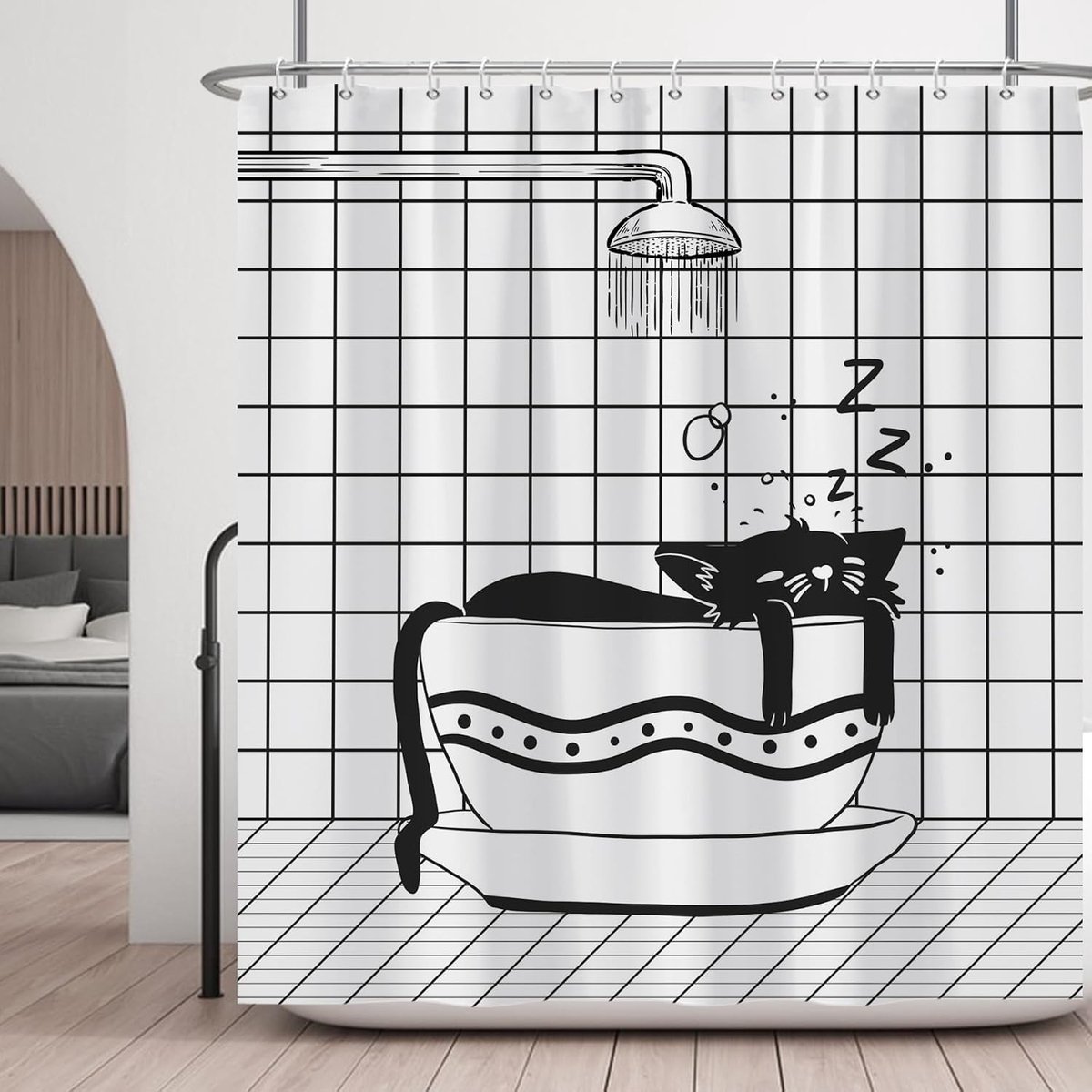 Grappige Douchesluier met Zwarte Katten die Slapen in een Beker - Waterdichte Polyester Badkamerdecoratie met Ruitpatroon - 180x200 cm voor een Speelse Badkamerstijl