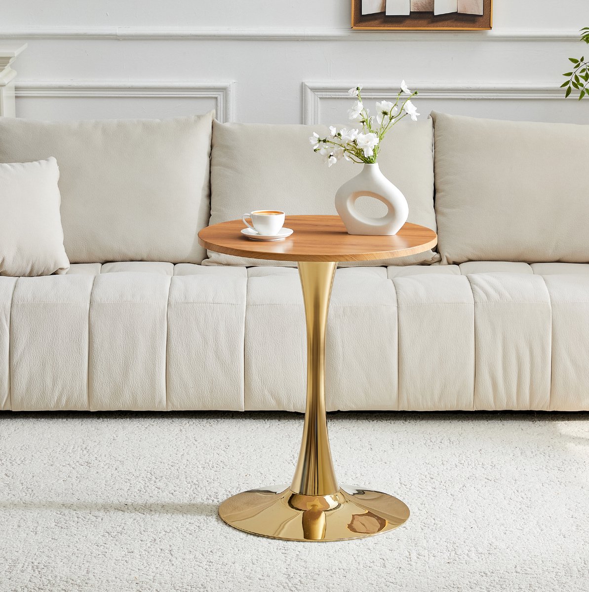 DESMIU Bijzettafel - Ronde Tafel Met Houtlook Blad En Gouden Voet - Voor Woonkamer En Leeshoek - MDF En Metaal - 60x72 Cm