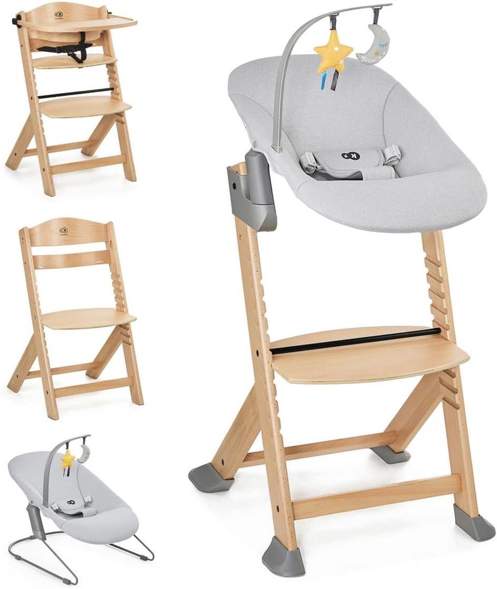 Kinderstoel Bouncer Set - Babystoel Voederstoel - Groeit Mee Kind - Hout Natuurlijk Materiaal - Tot 35 kg - Grijs