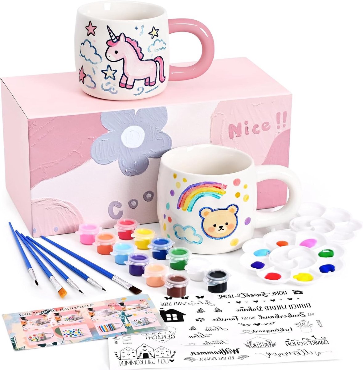 Creatieve Keramische Schilderset voor Volwassenen - Mokken, Kleur, Penselen en Stickers - Perfect Cadeau voor Kunstliefhebbers, Set van 2