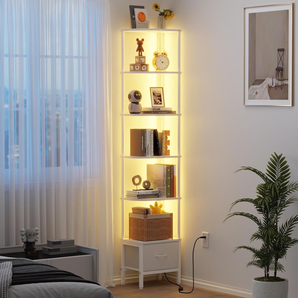 Zeslaags Hoekplank met LED-verlichting en Lade, Wit | Ruimtebesparend, Eenvoudig te Monteren, Smalle Boekenkast voor Opslag en Presentatie, 27×37 cm
