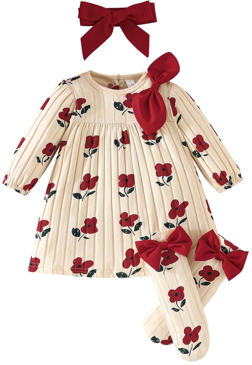 SnelShoppen - 3-delige set voor babymeisjes jurk met lange mouwen, schattige strik hoofdband en sokken, bedrukte kleding voor baby's van 1-12 maanden,