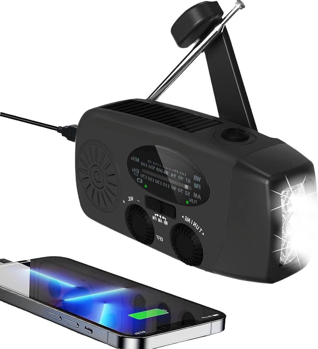 Noodradio Crank - Weer Apparaat - Noodsituaties Voorbereiden - Drievoudige Oplaadmethode - 2000mAh Batterij - Zwart