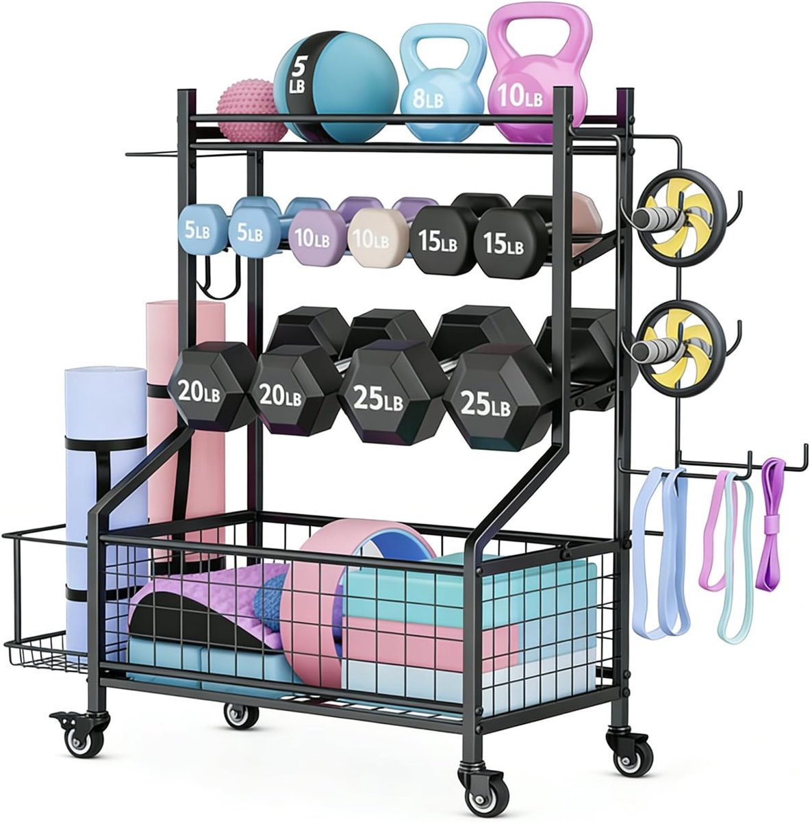 SnelShoppen - 4-traps Halterrek Multifunctioneel, Verstelbaar in Breedte, Fitness Organizer met Wielen en Haken, Ideaal voor Halters, Kettlebells, Yog