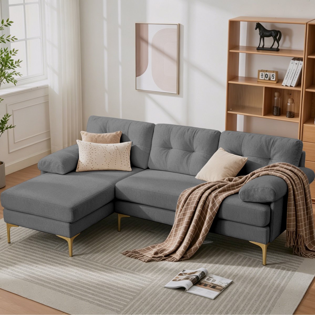OKWISH Hoekbank 187,5 cm - 3-Zits Met Omkeerbare Loungebankzijde En Gevoerde Armleuningen
