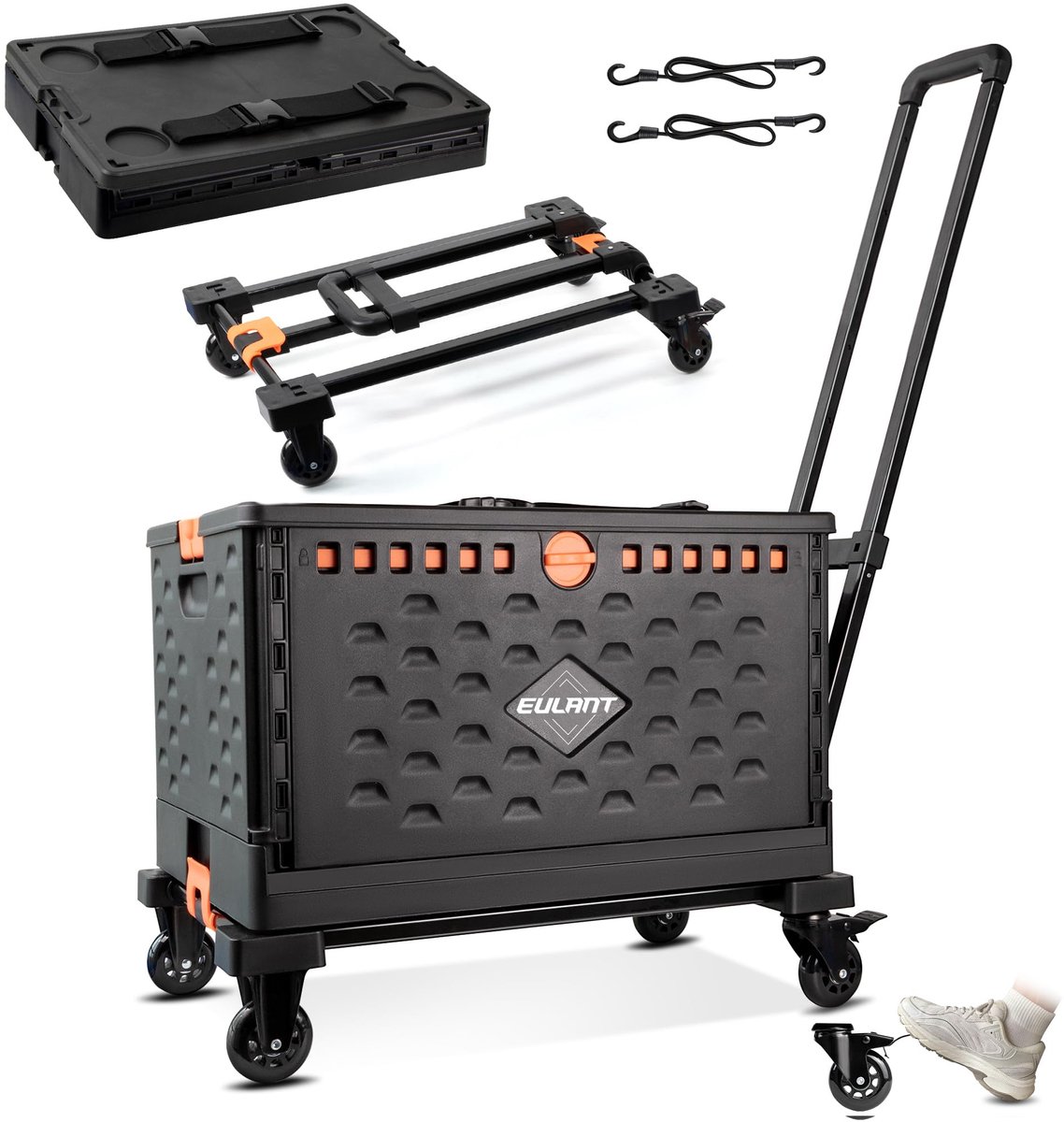SnelShoppen - 2-in-1 Opvouwbare Steekwagen met 60L Vouwdoos en Deksel - Utility Transport Trolley Box Cart met 360° Roterende Wielen, Verstelbaar Hand