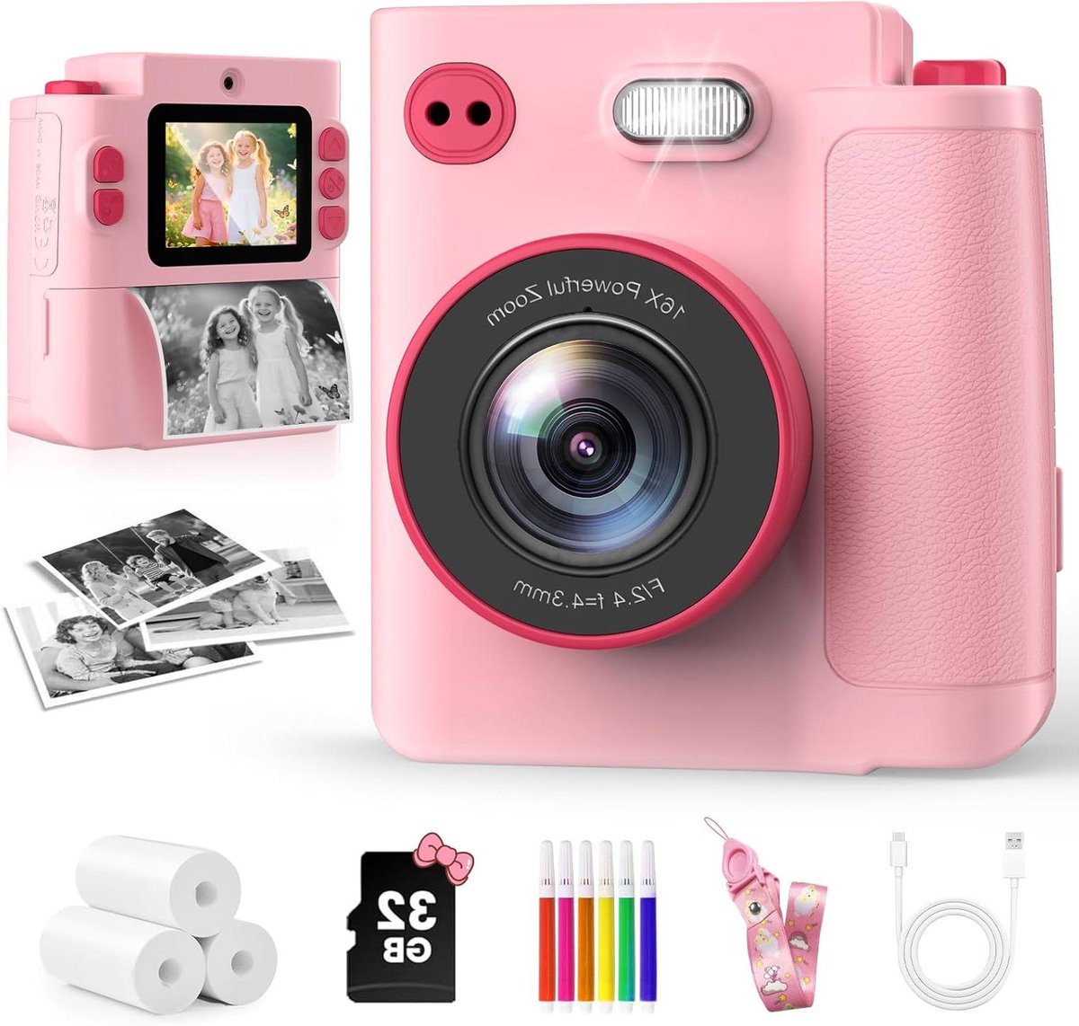 Kinder Camera - Direct Print Camera - Foto's Maken Printen - Inclusief 32GB Kaart - 1080P Video - Roze