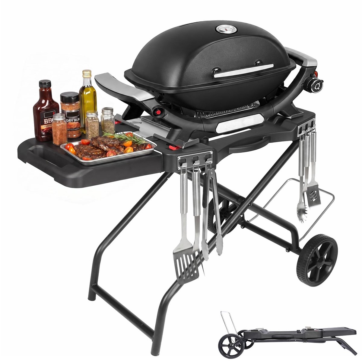 SnelShoppen - Draagbare Grill Trolley met Wielen voor Weber Q1200 Q1000 Q2200 Q2000 en Blackstone Tafelgrill 43 cm 56 cm Vouwbare Grill Stand voor Bui