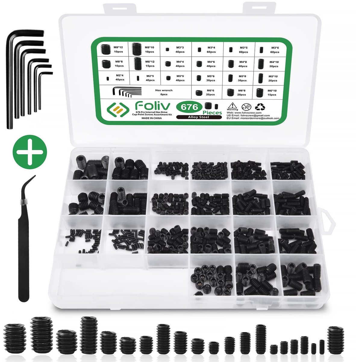 SnelShoppen - Foliv 676 stuks madenschroeven assortiment set M2, M3, M4, M5, M6, M8 - binnenzeskant schroeven met moersleutel voor deurklink, deurgree