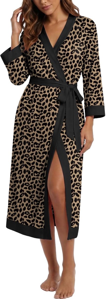 SnelShoppen - Lange Badjas voor Dames met 3/4 Mouwen, Lichte V-hals Kimono, Nachtkleding Robe met Band, XXL voor Thuis, Wellness en Ontspanning