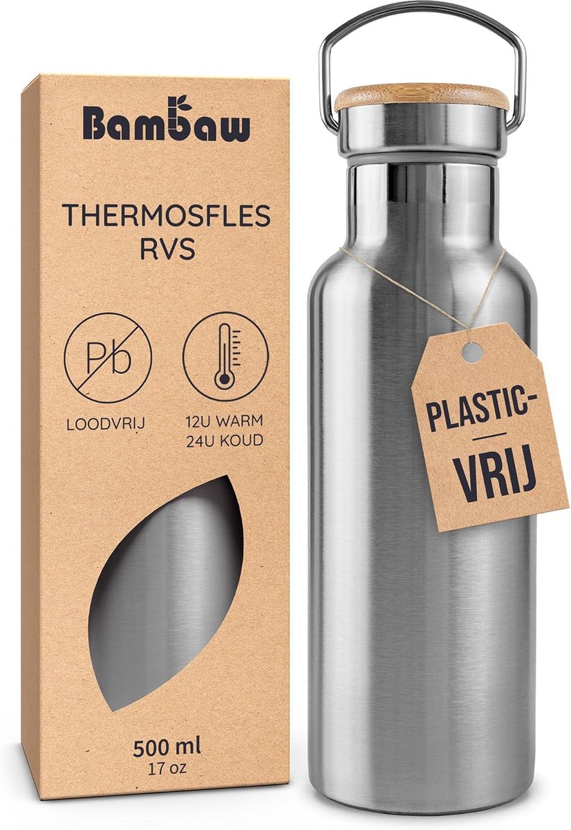 SnelShoppen - Roestvrijstalen drinkfles 500 ml - Thermosfles met handvat - Metalen fles voor koude en warme dranken - Plasticvrij en gemakkelijk te dr