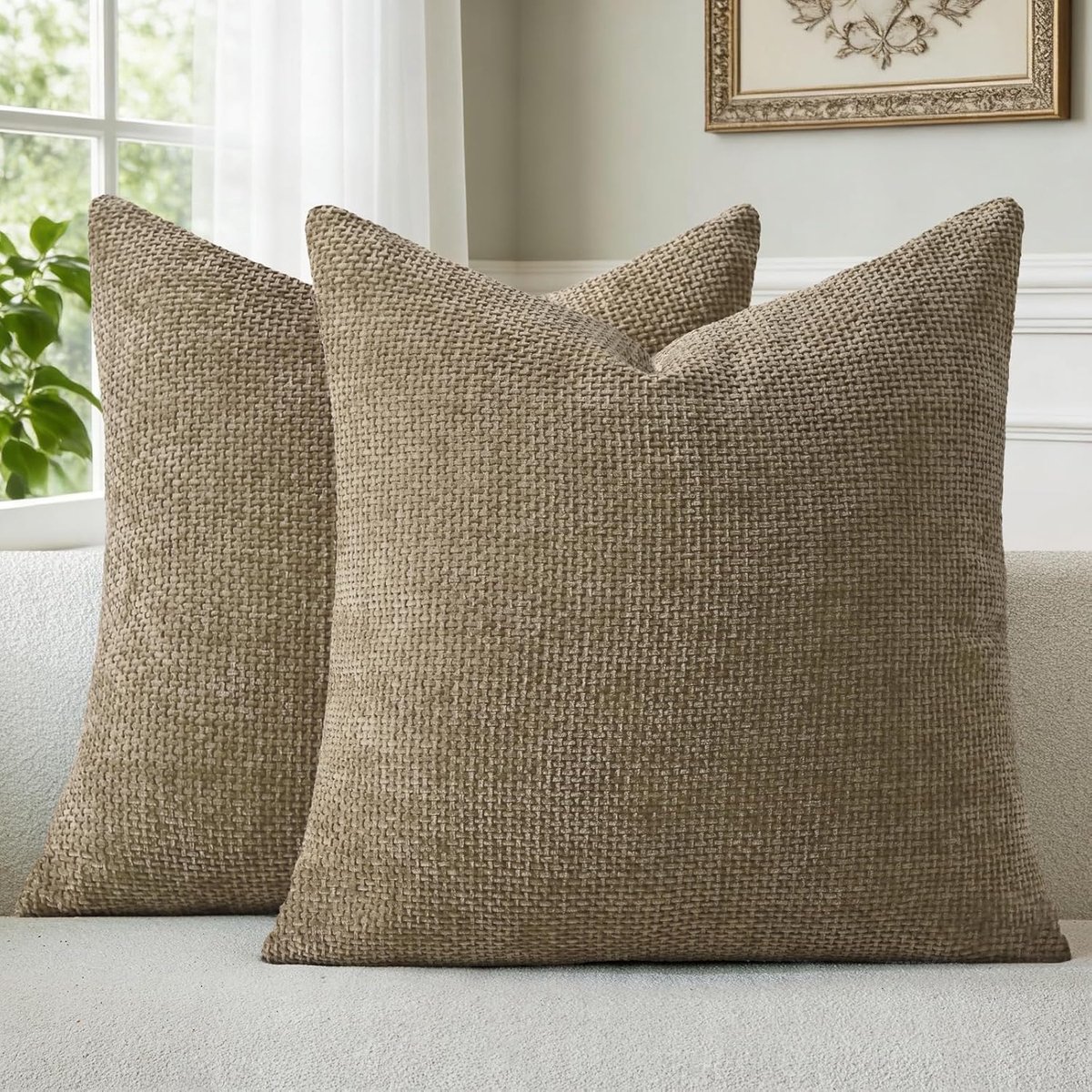 SnelShoppen - Set van 2 Kussenslopen 40 x 40 cm, Bruin Chenille, Patroon, Wasbare Kussenhoezen voor Sierkussens, Bankkussens, Decoratie voor Woonkamer