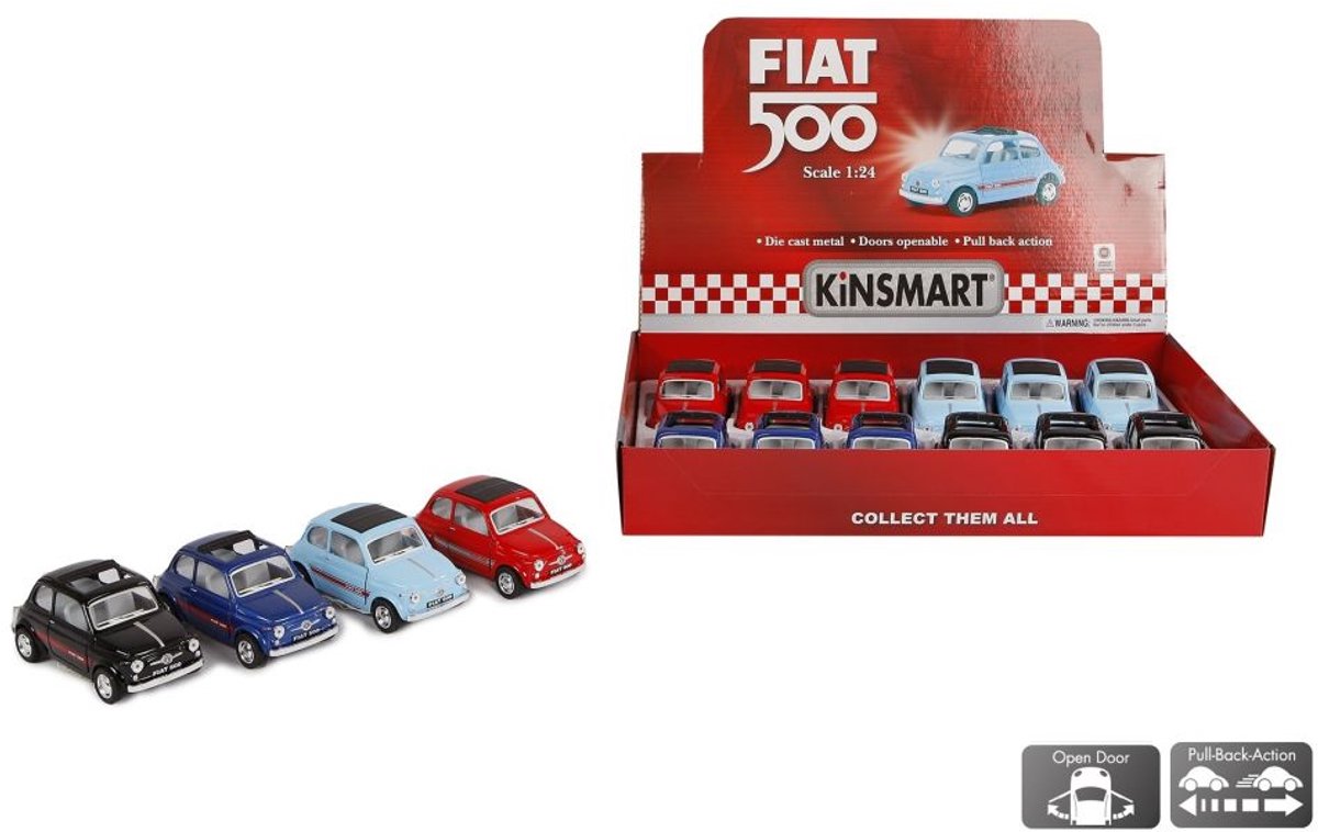 Fiat 500 met schuifdak, pullback - gegoten modelauto - 1/24, verkoop per stuk verkrijgbaar in 4 kleuren