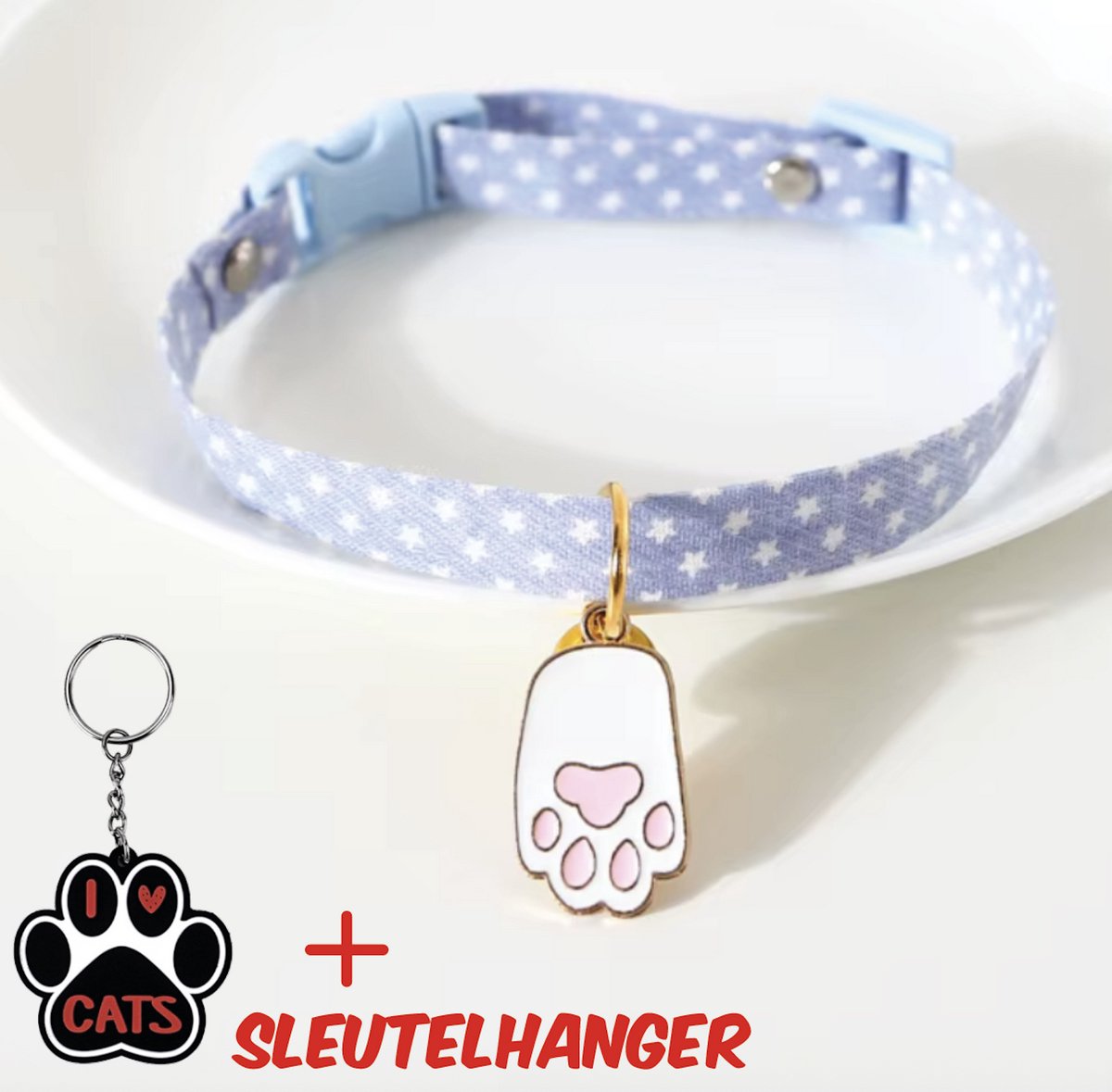 SilverAndCoco® - Blauwe Katten Pootje Halsband met Bel met Gratis Sleutelhanger | Velvet Kat Kitten Bandje met belletje | Kattenhalsband Suède Gouden | Cat Kleding Decoratie Poezen | Kattenbandje Huisdier Poes - Blauw