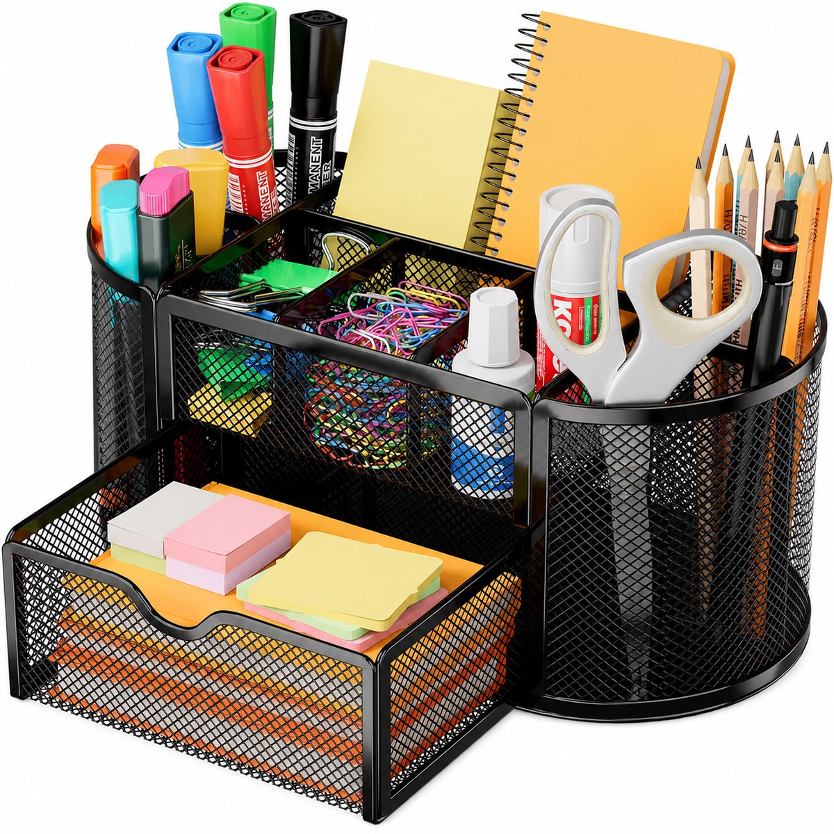 Bureau Organizer met Lade - Metalen Pennenhouder met 8 Vakken - Pennenbak en Bureau Opberger voor Kantoorbenodigdheden, Schoolspullen en Thuiswerkplek - Zwart - 22 x 11 x 10,5 cm