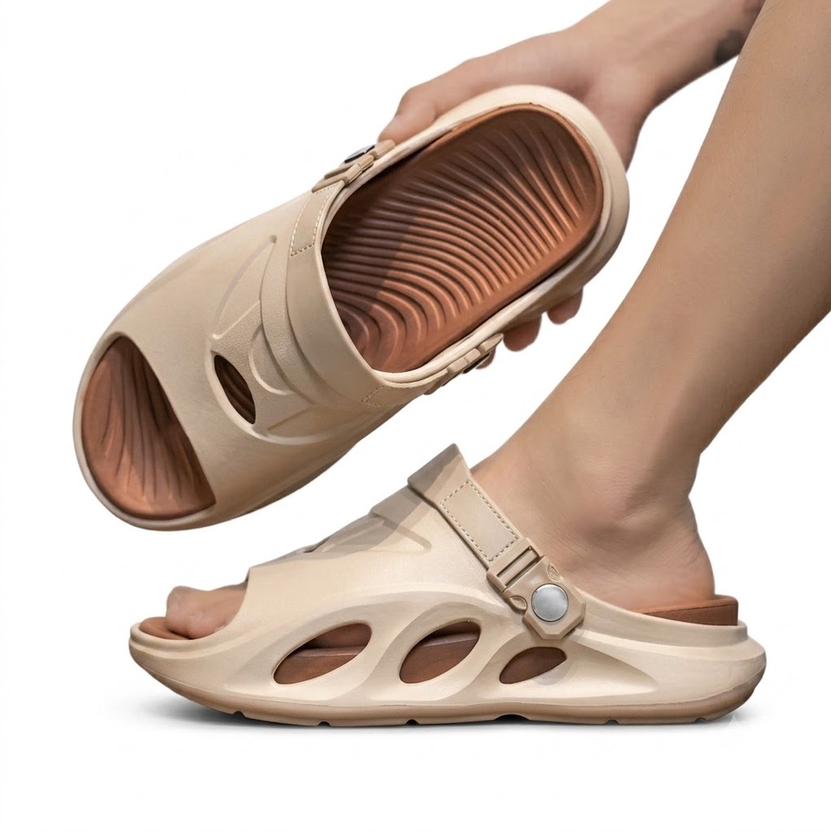 Khaki badslippers heren en dames open teen instap slippers met verstelbare hielband antislip zacht zool dik zool ventilatie openingen casual zomer slippers geschikt voor binnen en buiten maat 44