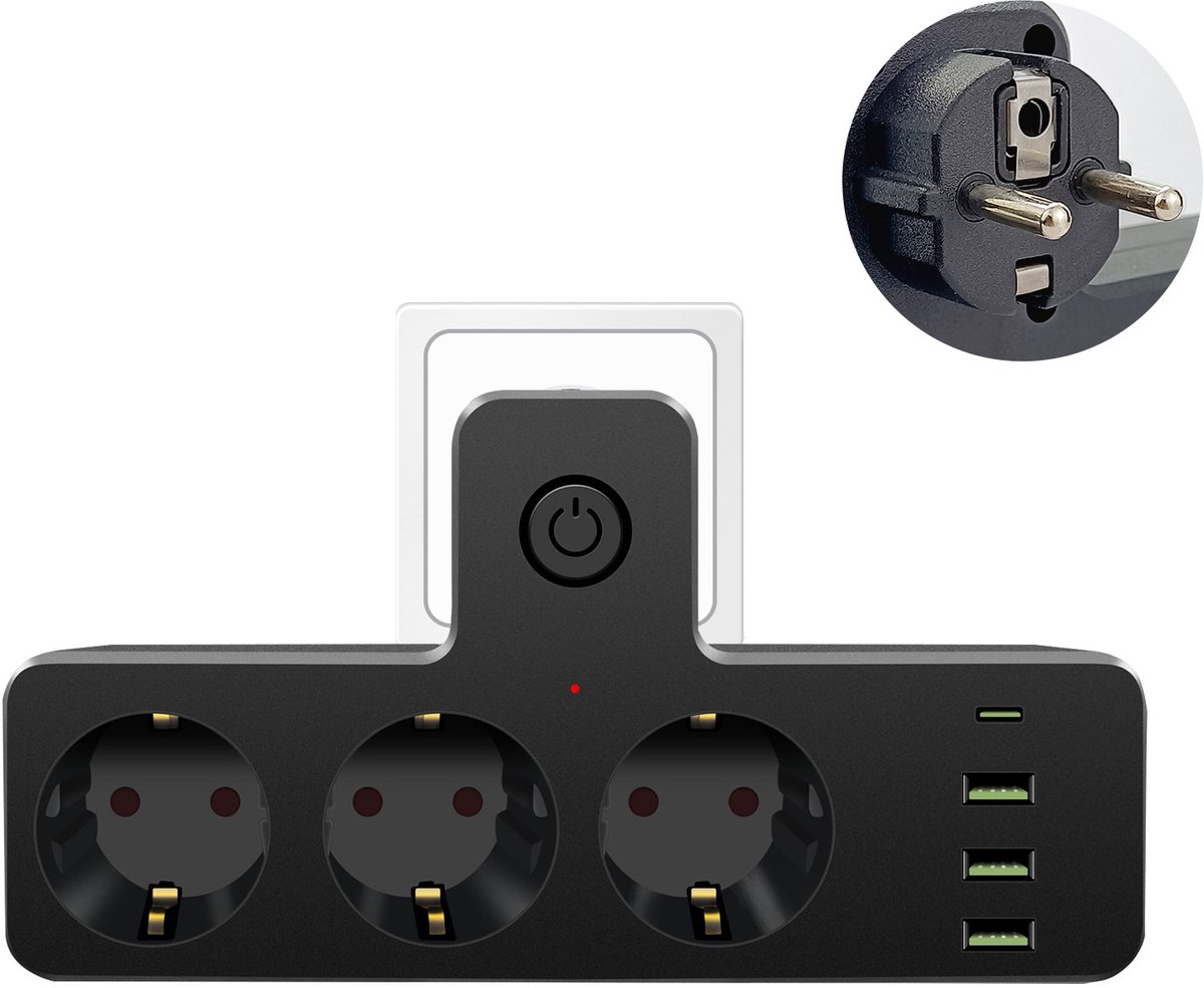 Outlet Extender - 3 AC-uitgangen 3 USB-poorten 1 Type C-poort Multifunctionele Stekkerdoos met Schakelaar, voor Thuiskeuken Game Room RV - zwart