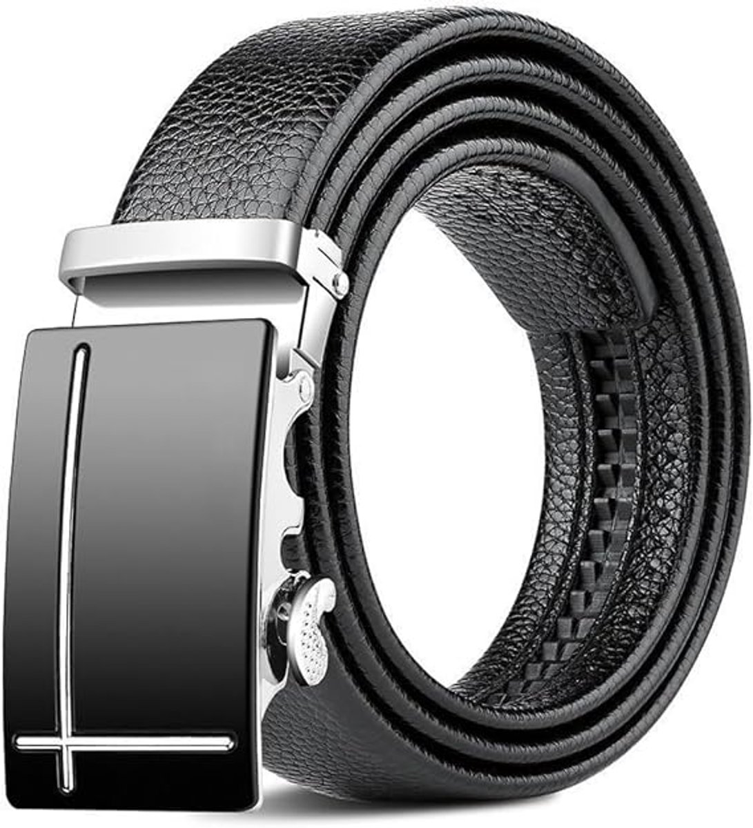 KZQ Herenriem met automatische gesp - Verstelbaar vegan leren riem, glanzend lychee patroon - Voor zakelijk en casual - Zwart-120 3.10cm