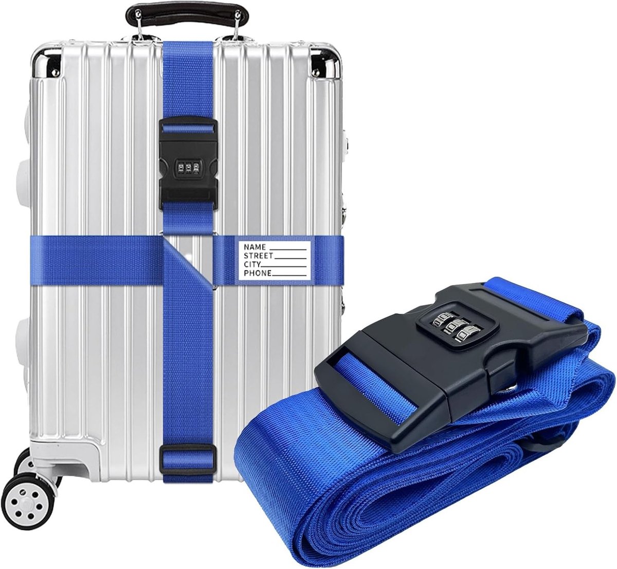 Robuuste en verstelbare kofferband met code en naamplaatje voor het beveiligen en identificeren van bagage, ideaal voor reizen (Blauw)