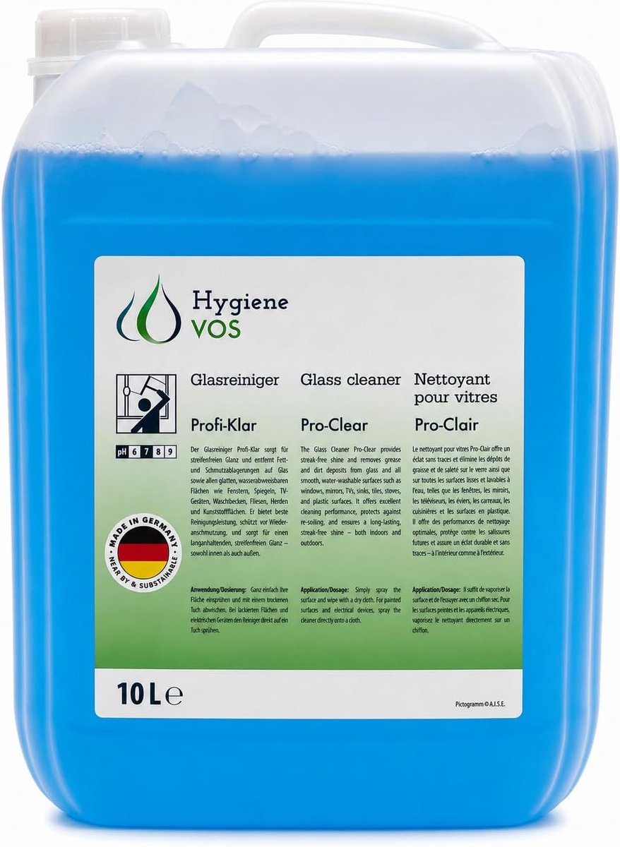 SnelShoppen - Hygiene VOS Profi Clear Glasreiniger 10 Liter - Streeploze Raamreiniger voor Glazen Oppervlakken, Spiegels en Tegels - Professionele Kwa
