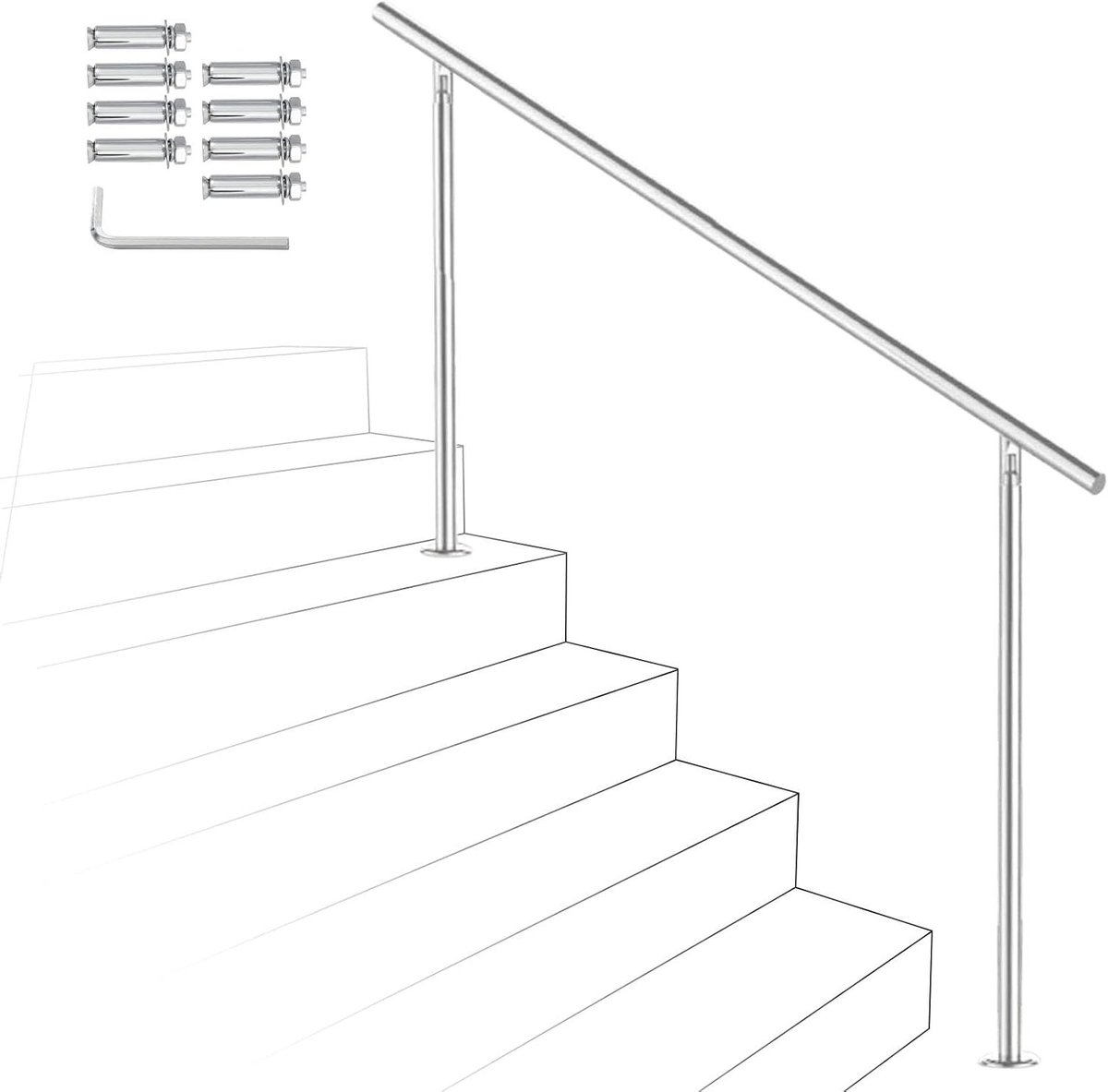 Roestvrijstalen leuning - Trapleuning balkon - Veilig traplopen - Verstelbare hoek - 160 cm lang - Geborsteld staal