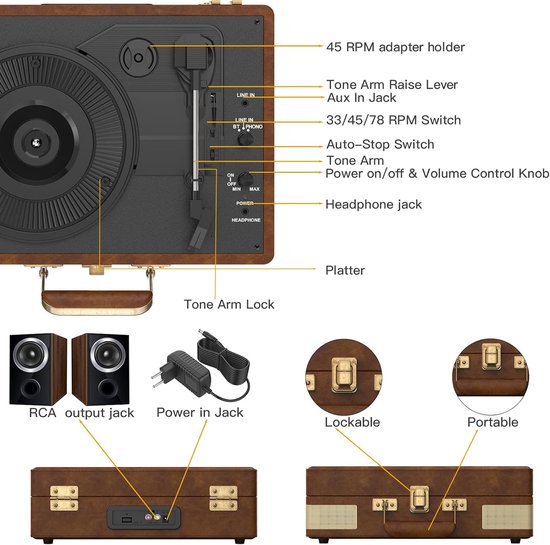 Platenspeler met Bluetooth - 3 Snelheden - Ingebouwde Speakers - Draagbare Koffer - Amandelkleurig — afbeelding 5