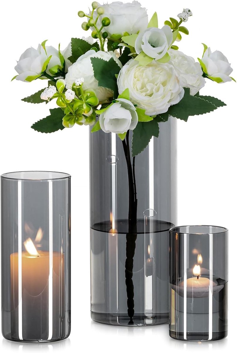 SnelShoppen - Set van 3 Grijze Glazen Cilinder Vazen - Moderne Bloemenvazen voor Woonkamer en Eettafel - Decoratieve Hurricane Kaarsenhouders voor Pam