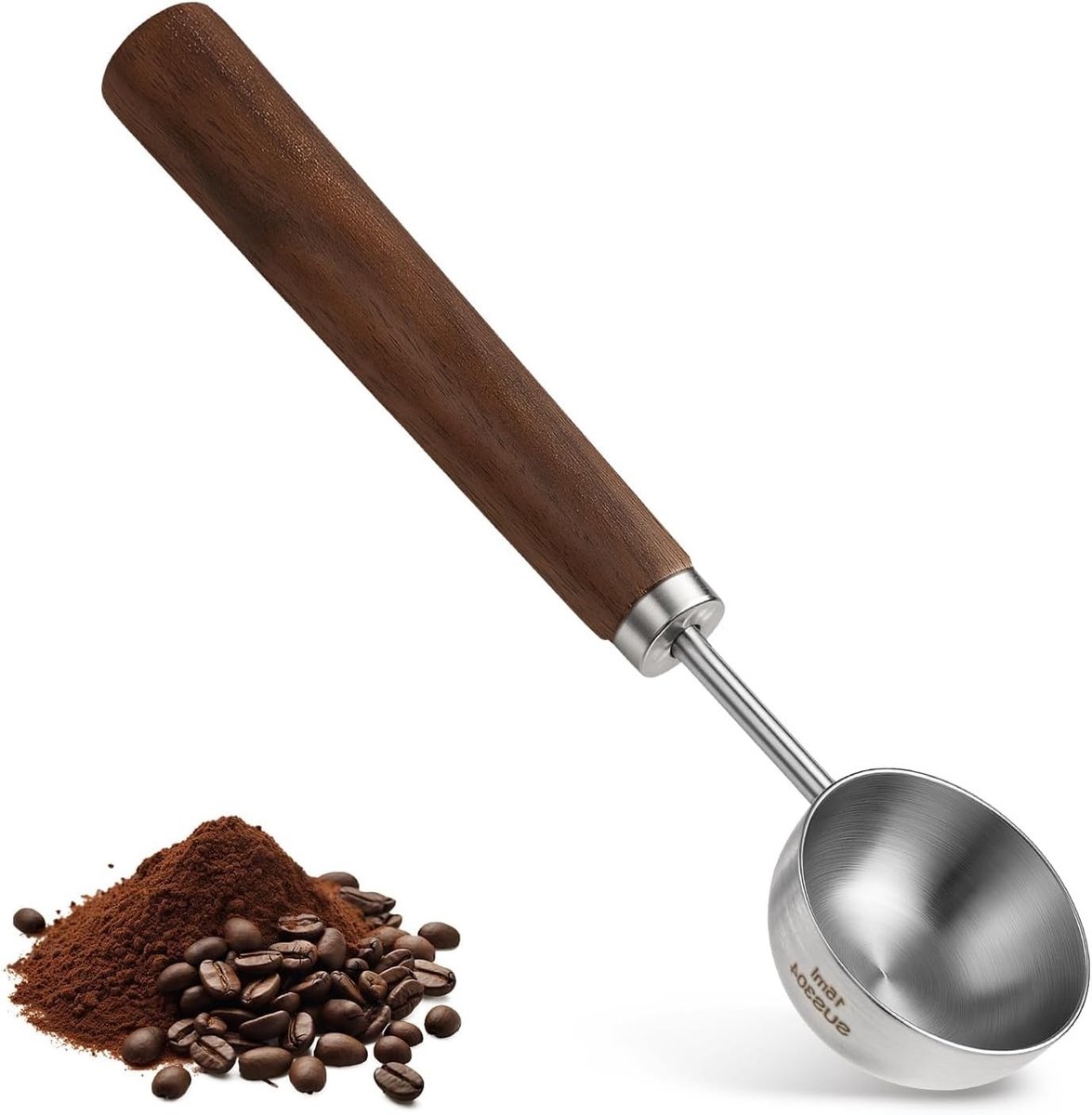 Retro RVS Koffielepel met Zwarte Walnoothouten Handvat - 15 ml Maatlepel voor Koffiebonen, Gemalen Koffie en Thee, Perfect voor Koffieliefhebbers