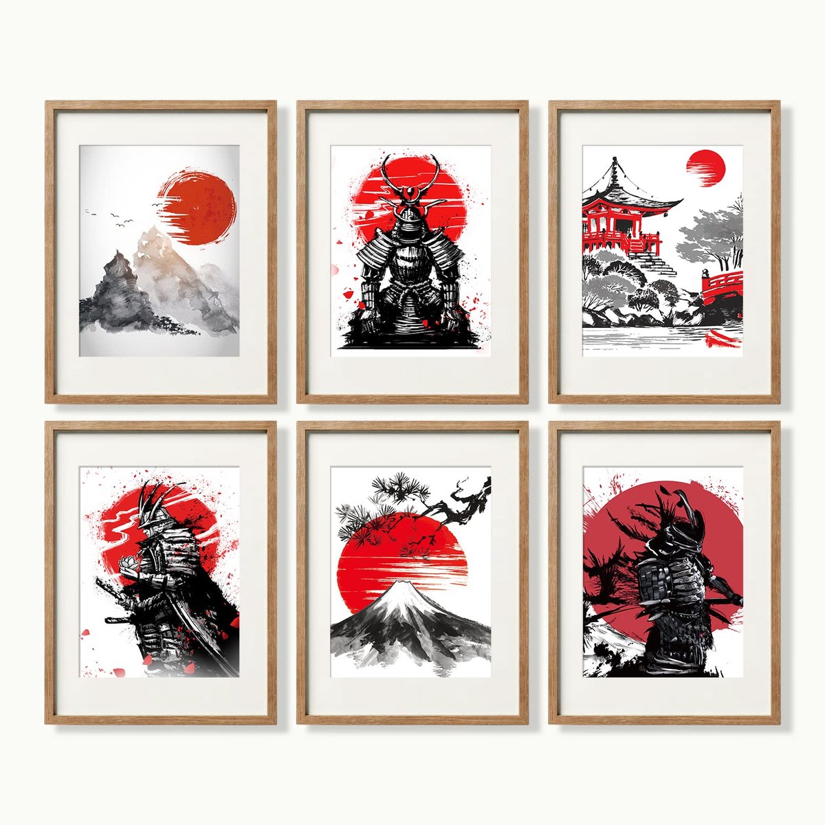 SnelShoppen - Japanse kunst muurdecoratie set van 6 - Moderne minimalistische Aziatische oosterse prints - Niet ingelijst 8x10 inch samurai pantser kr