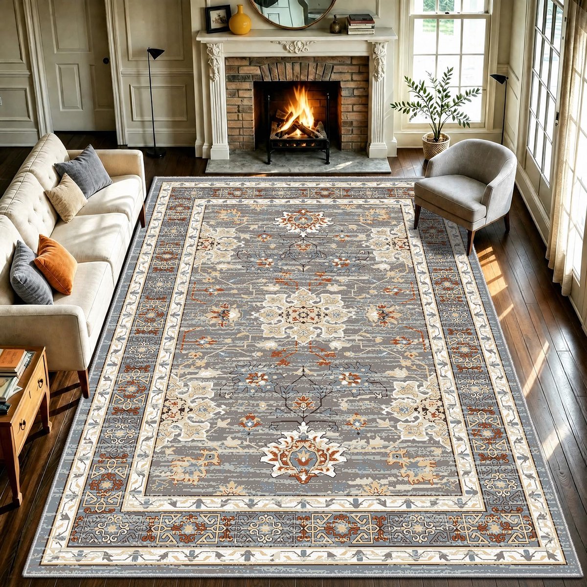 SnelShoppen - Grijs Oosters Stijl Vloerkleed 300x400cm, Kortpolig, Machinewasbaar, Antislip, Geschikt voor Royale Woonkamer, Lounge en Feestelijkheden