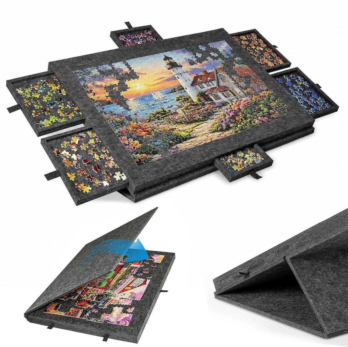 SnelShoppen - Puzzeltafel 1000 stukjes, Lichte Vilten Puzzelplank met 6 Laden en Afdekking, Draagbaar Puzzelbord, Puzzelaccessoires voor Volwassenen,