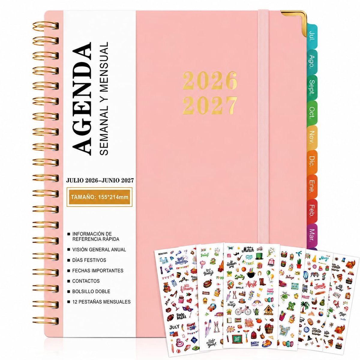 SnelShoppen - Agenda 2026 2027 A5 Spiraal - Schoolagenda met Gekleurde Tabbladen - Week- en Maandoverzicht - Roze Planner van Maandag t/m Zondag