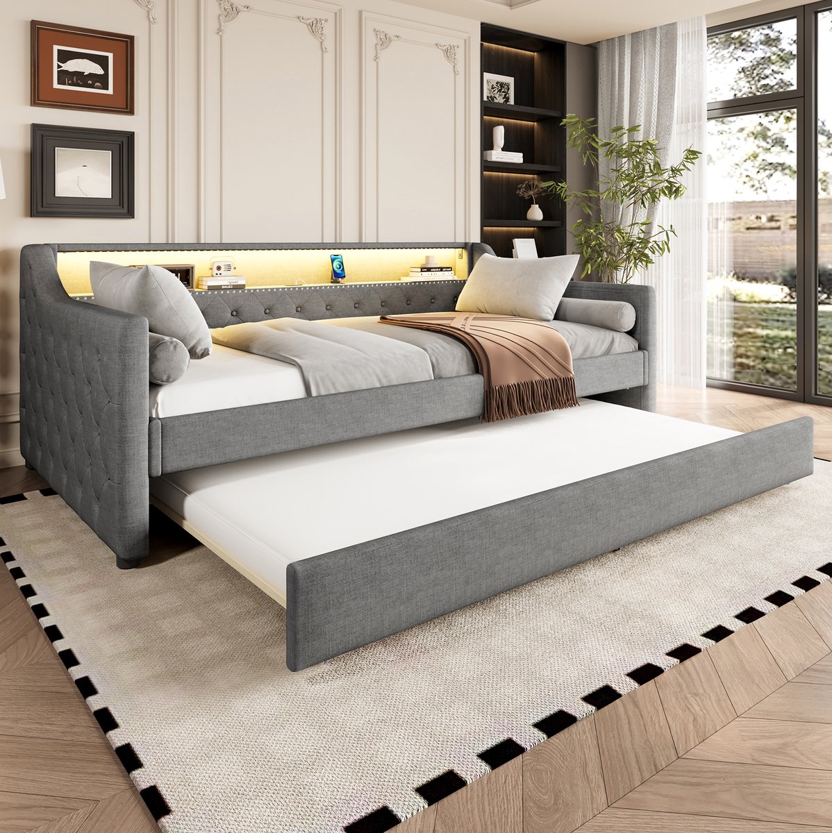 COVREO Bedbank 90 x 200 cm grijs, stof, LED, USB, zonder matras