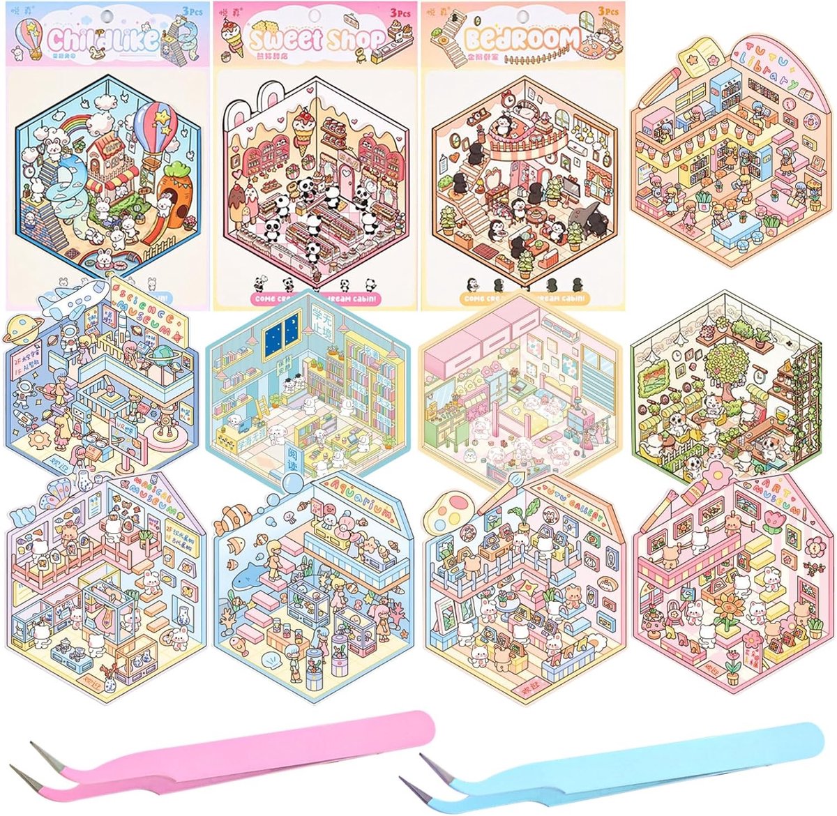 Set van 12 3D Scene Stickers voor Miniatuur Huizen, Creatieve DIY Decoratie, Inclusief 2 Pincetten voor Volwassenen en Kinderen, Stressverlichting en Creativiteit